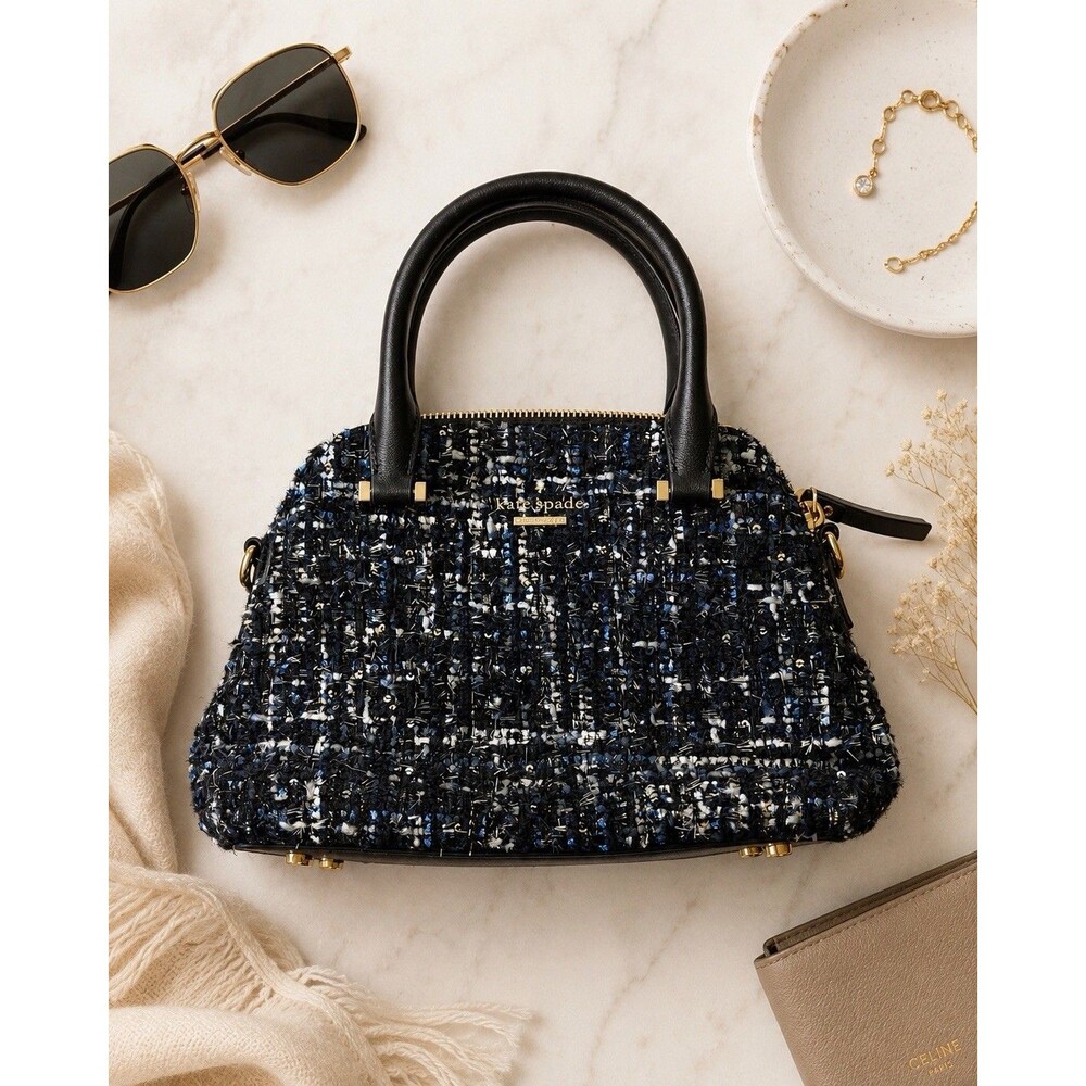 Kate‎ Spade New York Black Blue Tweed Satchel Bag Gold Hardware Dome Purse
